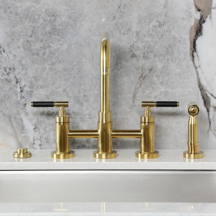 Kingston Sona KS8287CKLBS - Kaiser Two-Handle 4-Hole Deck Mount Bridge Kitchen Faucet with Brass Sprayer, Brushed Brass