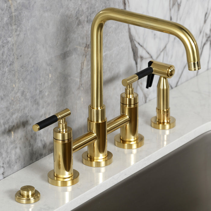 Kingston Sona KS8287CKLBS - Kaiser Two-Handle 4-Hole Deck Mount Bridge Kitchen Faucet with Brass Sprayer, Brushed Brass