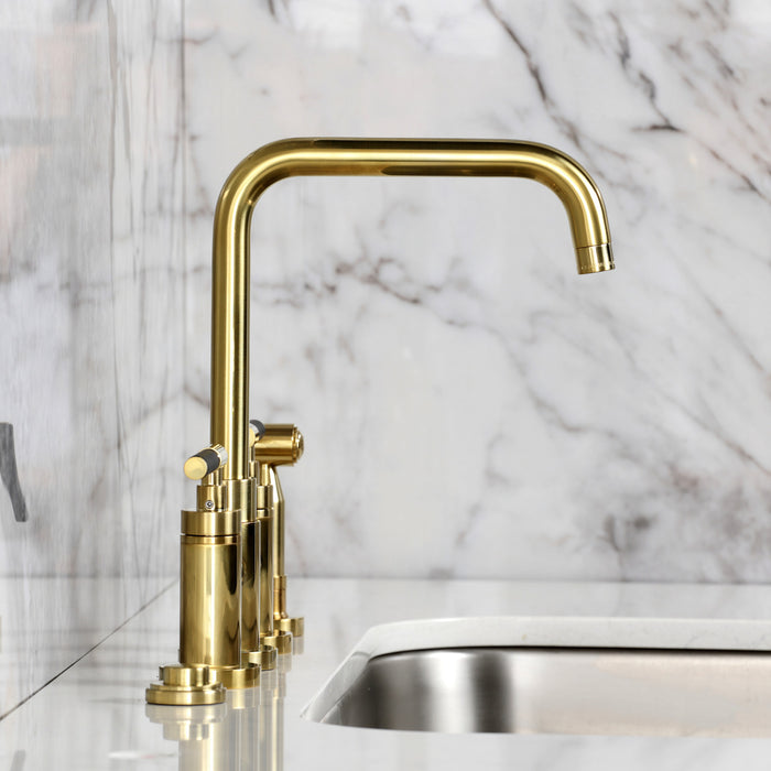 Kingston Sona KS8287CKLBS - Kaiser Two-Handle 4-Hole Deck Mount Bridge Kitchen Faucet with Brass Sprayer, Brushed Brass