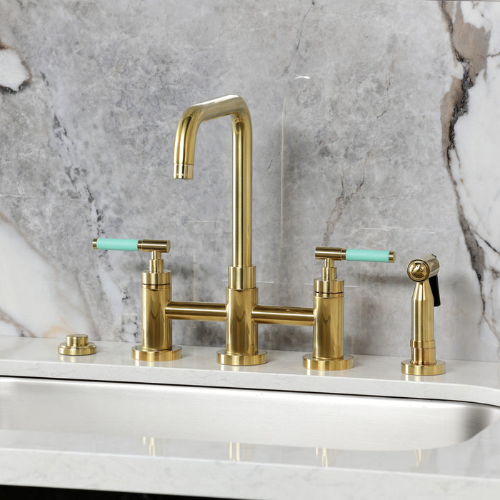 Kingston Sona KS8287CKLBS - Kaiser Two-Handle 4-Hole Deck Mount Bridge Kitchen Faucet with Brass Sprayer, Brushed Brass