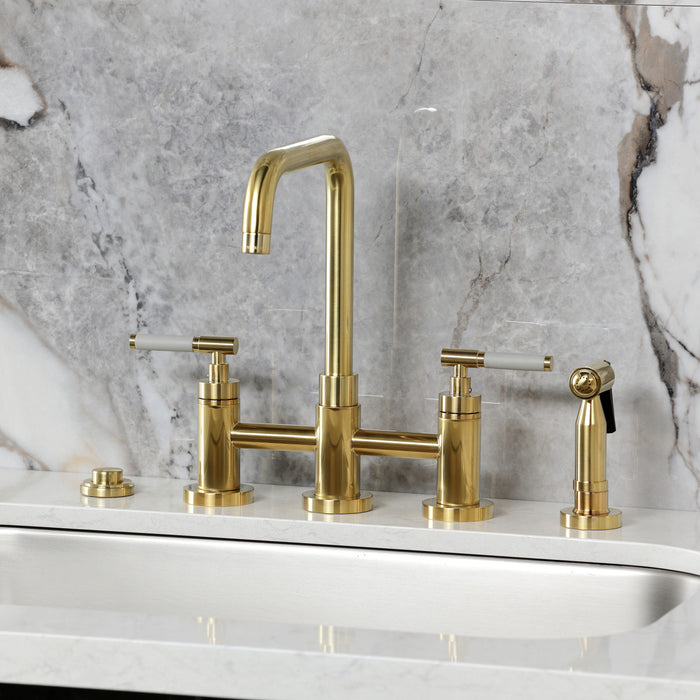 Kingston Sona KS8287CKLBS - Kaiser Two-Handle 4-Hole Deck Mount Bridge Kitchen Faucet with Brass Sprayer, Brushed Brass