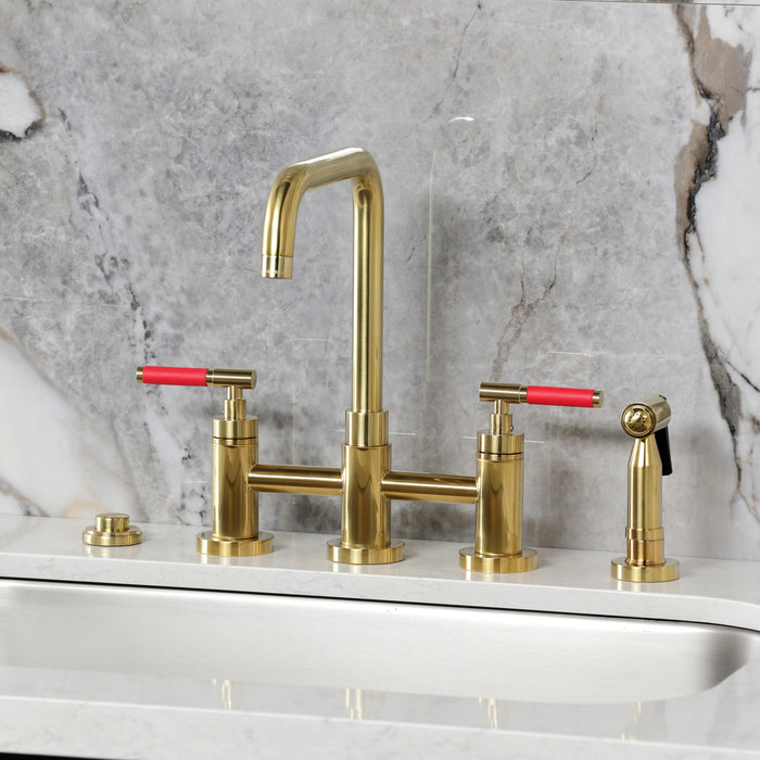 Kingston Sona KS8287CKLBS - Kaiser Two-Handle 4-Hole Deck Mount Bridge Kitchen Faucet with Brass Sprayer, Brushed Brass