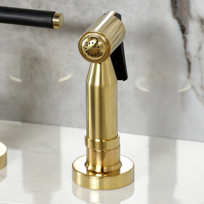 Kingston Sona KS8287CKLBS - Kaiser Two-Handle 4-Hole Deck Mount Bridge Kitchen Faucet with Brass Sprayer, Brushed Brass