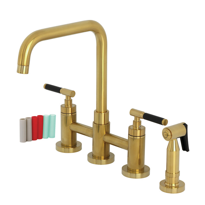Kingston Sona KS8287CKLBS - Kaiser Two-Handle 4-Hole Deck Mount Bridge Kitchen Faucet with Brass Sprayer, Brushed Brass