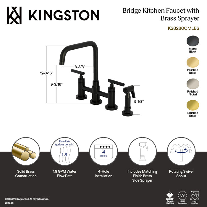 Kingston Sona KS8287CMLBS - Manhattan Two-Handle 4-Hole Deck Mount Bridge Kitchen Faucet with Brass Sprayer, Brushed Brass