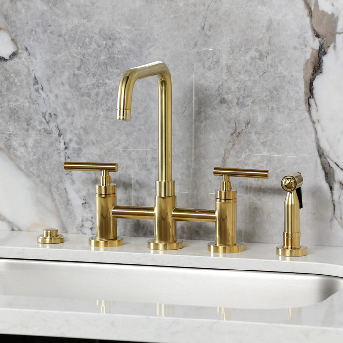 Kingston Sona KS8287CMLBS - Manhattan Two-Handle 4-Hole Deck Mount Bridge Kitchen Faucet with Brass Sprayer, Brushed Brass