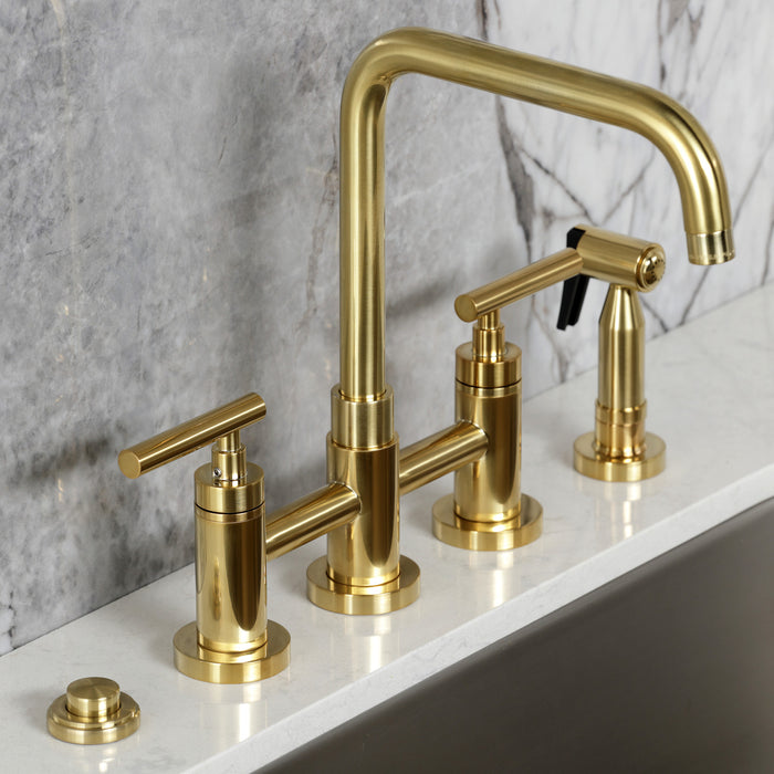Kingston Sona KS8287CMLBS - Manhattan Two-Handle 4-Hole Deck Mount Bridge Kitchen Faucet with Brass Sprayer, Brushed Brass