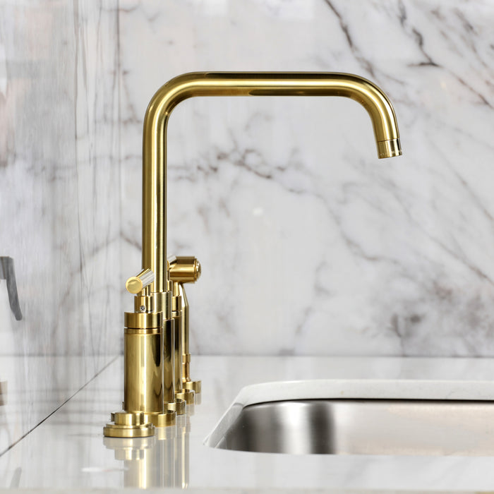 Kingston Sona KS8287CMLBS - Manhattan Two-Handle 4-Hole Deck Mount Bridge Kitchen Faucet with Brass Sprayer, Brushed Brass