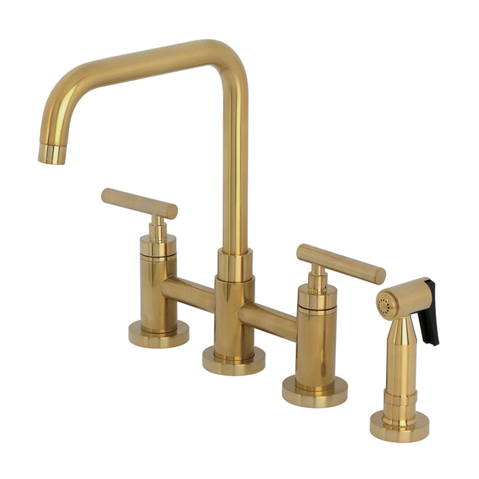 Kingston Sona KS8287CMLBS - Manhattan Two-Handle 4-Hole Deck Mount Bridge Kitchen Faucet with Brass Sprayer, Brushed Brass
