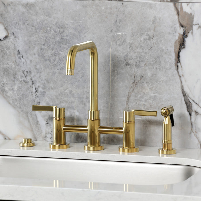 Kingston Sona KS8287CTLBS - Continental Two-Handle 4-Hole Deck Mount Bridge Kitchen Faucet with Brass Sprayer, Brushed Brass