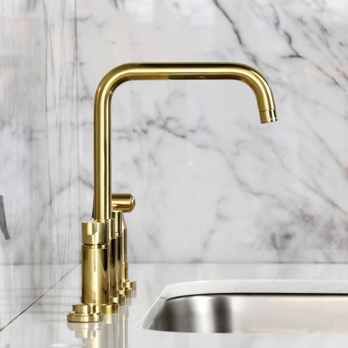 Kingston Sona KS8287CTLBS - Continental Two-Handle 4-Hole Deck Mount Bridge Kitchen Faucet with Brass Sprayer, Brushed Brass