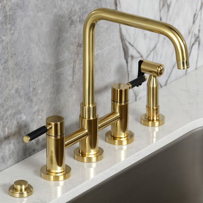 Kingston Sona KS8287DKLBS - Kaiser Two-Handle 4-Hole Deck Mount Bridge Kitchen Faucet with Brass Sprayer, Brushed Brass