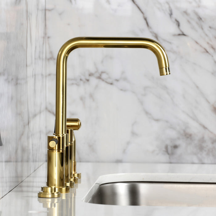 Kingston Sona KS8287DKLBS - Kaiser Two-Handle 4-Hole Deck Mount Bridge Kitchen Faucet with Brass Sprayer, Brushed Brass