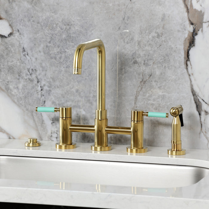 Kingston Sona KS8287DKLBS - Kaiser Two-Handle 4-Hole Deck Mount Bridge Kitchen Faucet with Brass Sprayer, Brushed Brass