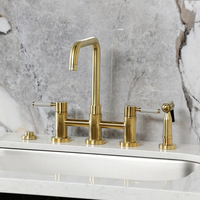 Kingston Sona KS8287DKLBS - Kaiser Two-Handle 4-Hole Deck Mount Bridge Kitchen Faucet with Brass Sprayer, Brushed Brass