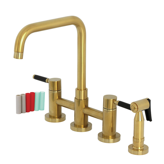 Kingston Sona KS8287DKLBS - Kaiser Two-Handle 4-Hole Deck Mount Bridge Kitchen Faucet with Brass Sprayer, Brushed Brass