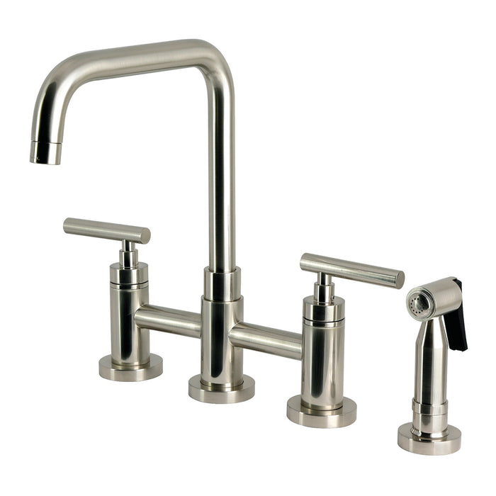 Kingston Sona KS8288CMLBS - Manhattan Two-Handle 4-Hole Deck Mount Bridge Kitchen Faucet with Brass Sprayer, Brushed Nickel