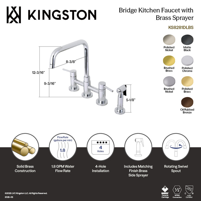 Kingston Sona KS8288DLBS - Concord Two-Handle 4-Hole Deck Mount Bridge Kitchen Faucet with Brass Sprayer, Brushed Nickel