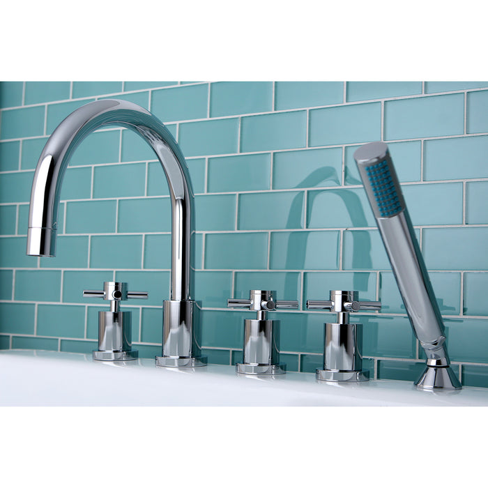 Kingston Sona KS83215DX - Concord Three-Handle 5-Hole Deck Mount Roman Tub Faucet with Hand Shower, Polished Chrome