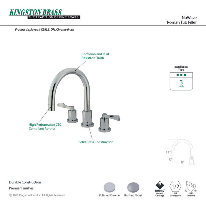 Kingston Tulare KS8321DFL - NuWave French Two-Handle 3-Hole Deck Mount Roman Tub Faucet, Polished Chrome