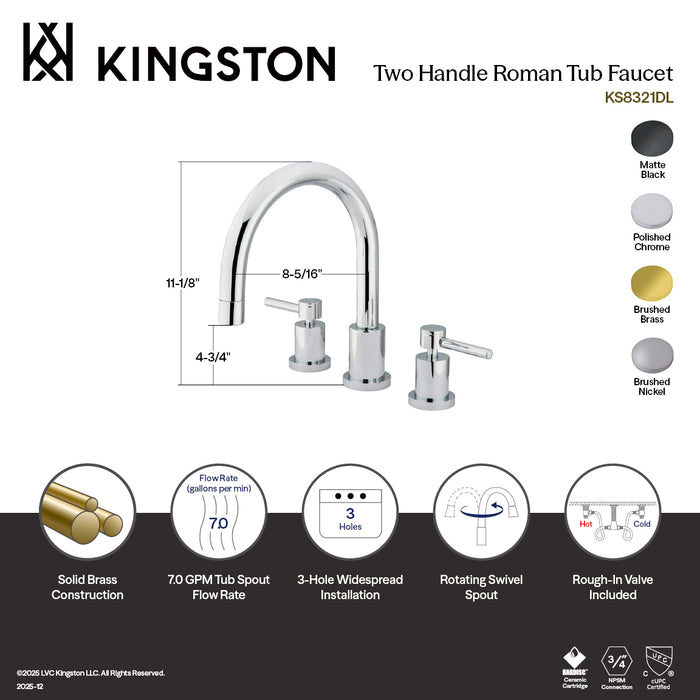 Kingston Sona KS8327DL - Concord Two-Handle 3-Hole Deck Mount Roman Tub Faucet, Brushed Brass