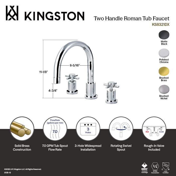 Kingston Sona KS8327DX - Concord Two-Handle 3-Hole Deck Mount Roman Tub Faucet, Brushed Brass