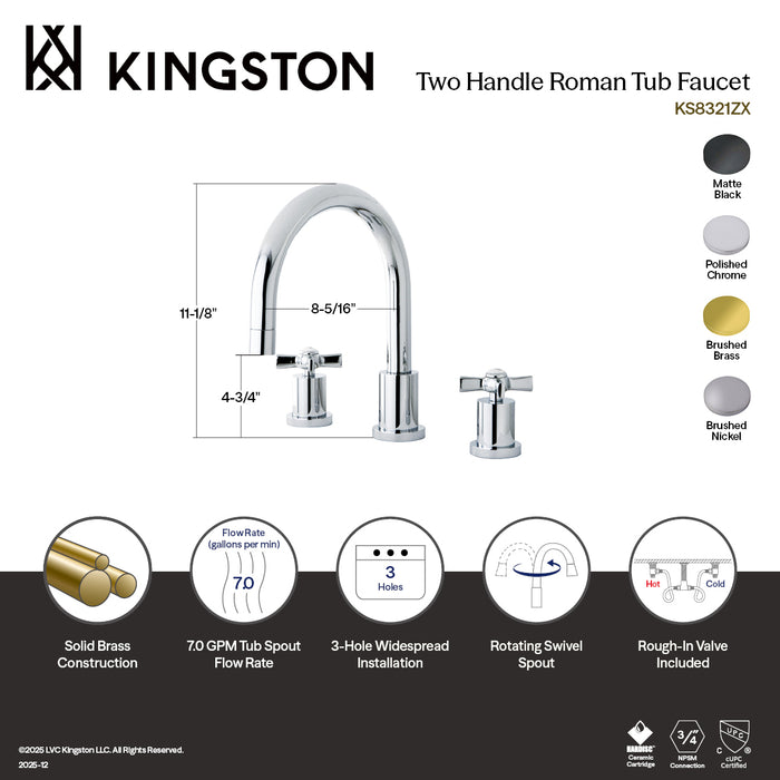 Kingston Tulare KS8327ZX - Millennium Two-Handle 3-Hole Deck Mount Roman Tub Faucet, Brushed Brass