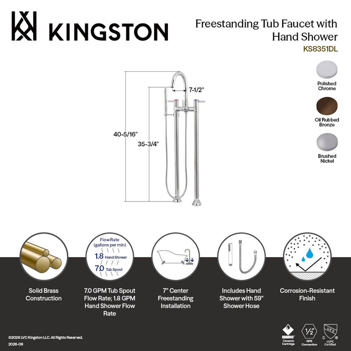 Kingston Sona KS8351DL - Concord Three-Handle 2-Hole Freestanding Tub Faucet with Hand Shower, Polished Chrome