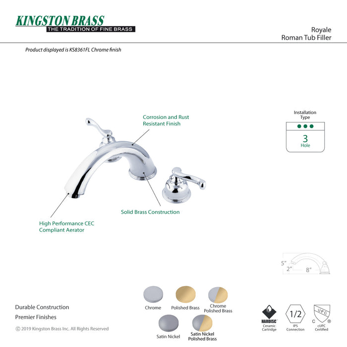 Kingston Tulare KS8362FL - Royale Two-Handle 3-Hole Deck Mount Roman Tub Faucet, Polished Brass
