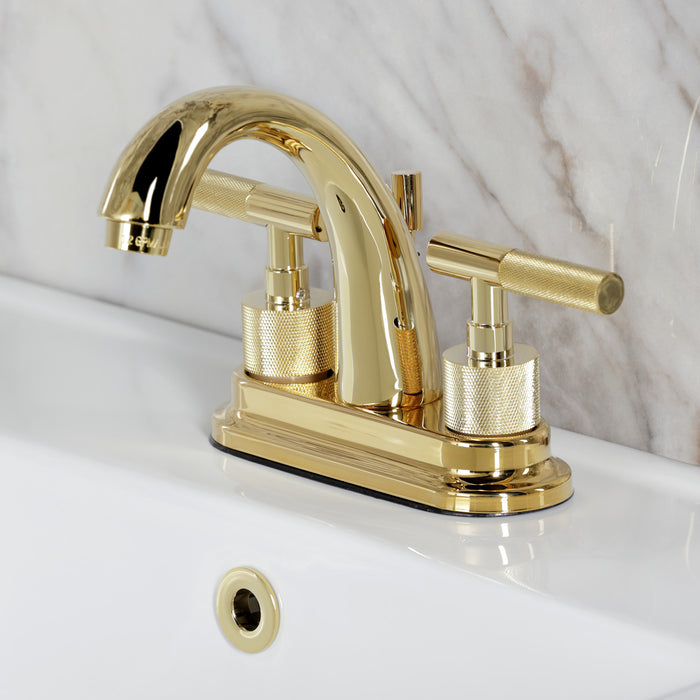 Kingston Sona KS8612KNL - Convergent Knurled Double-Handle 3-Hole Deck Mount 4-Inch Centerset Bathroom Faucet with Brass Pop-Up, Polished Brass