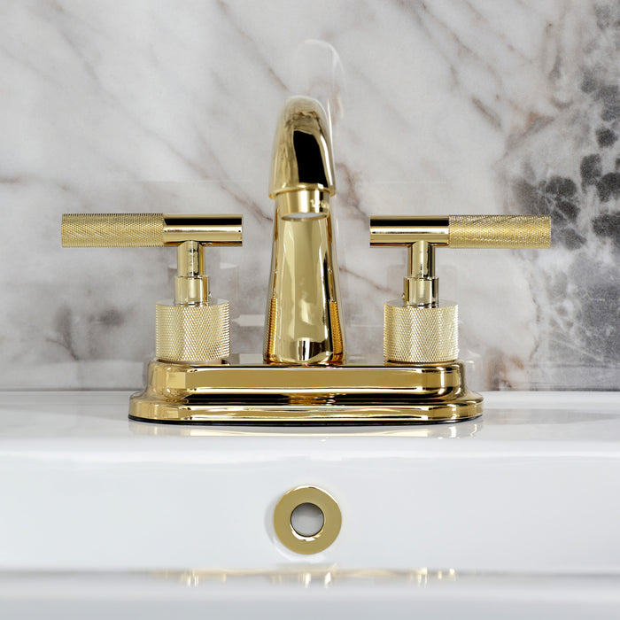 Kingston Sona KS8612KNL - Convergent Knurled Double-Handle 3-Hole Deck Mount 4-Inch Centerset Bathroom Faucet with Brass Pop-Up, Polished Brass