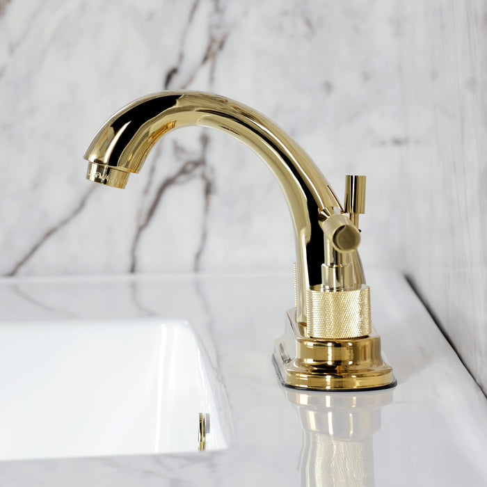 Kingston Sona KS8612KNL - Convergent Knurled Double-Handle 3-Hole Deck Mount 4-Inch Centerset Bathroom Faucet with Brass Pop-Up, Polished Brass