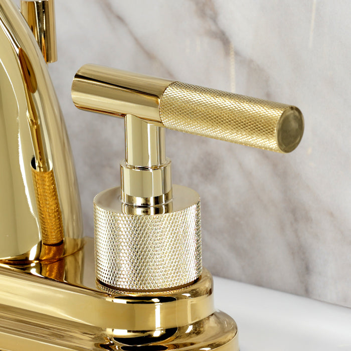 Kingston Sona KS8612KNL - Convergent Knurled Double-Handle 3-Hole Deck Mount 4-Inch Centerset Bathroom Faucet with Brass Pop-Up, Polished Brass