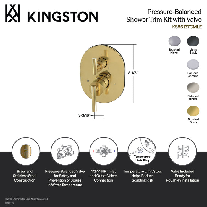 Kingston Concord KS86137CMLE Pressure Balanced Shower Valve and Trim Set with 3-Way Diverter, Brushed Brass (Valve Included)