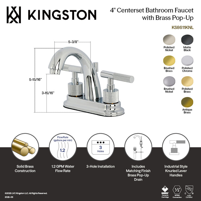 Kingston Sona KS8613KNL - Convergent Knurled Double-Handle 3-Hole Deck Mount 4-Inch Centerset Bathroom Faucet with Brass Pop-Up, Antique Brass