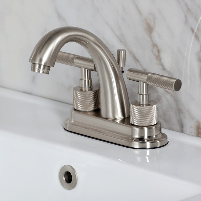 Kingston Sona KS8618KNL - Convergent Knurled Double-Handle 3-Hole Deck Mount 4-Inch Centerset Bathroom Faucet with Brass Pop-Up, Brushed Nickel