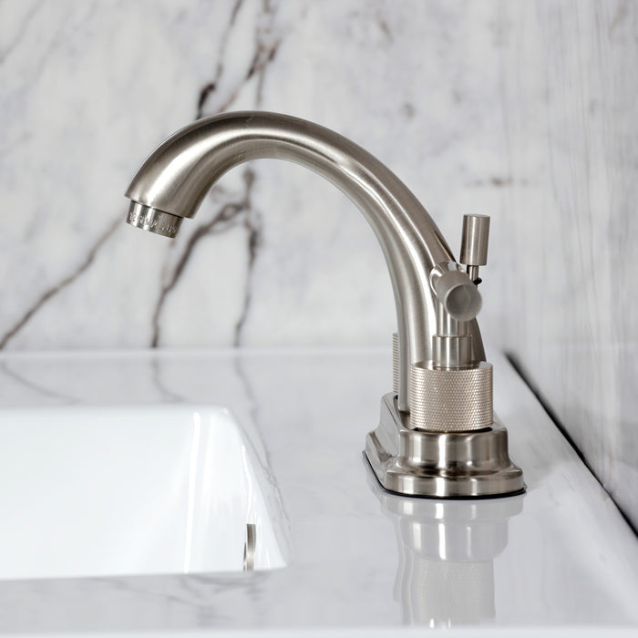 Kingston Sona KS8618KNL - Convergent Knurled Double-Handle 3-Hole Deck Mount 4-Inch Centerset Bathroom Faucet with Brass Pop-Up, Brushed Nickel