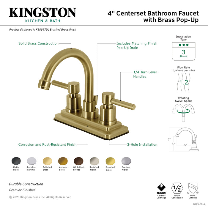 Concord KS8661DL Two-Handle 3-Hole Deck Mount 4" Centerset Bathroom Faucet with Brass Pop-Up, Polished Chrome