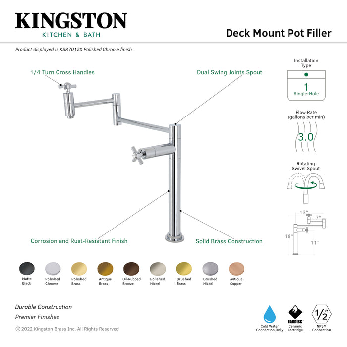 Kingston Tulare KS8707ZX - Millennium Two-Handle 1-Hole Deck Mount Pot Filler Faucet, Brushed Brass