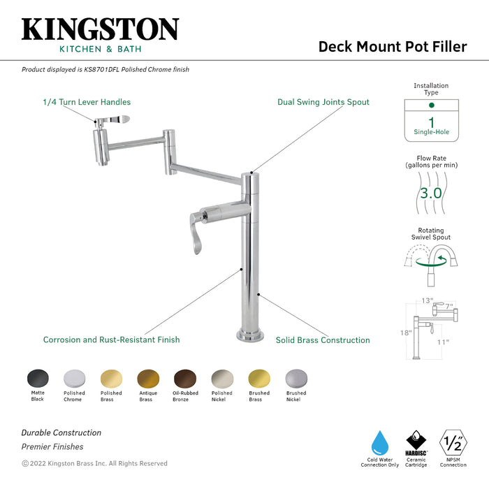 Kingston Tulare KS8708DFL - NuWave Two-Handle 1-Hole Deck Mount Pot Filler Faucet, Brushed Nickel