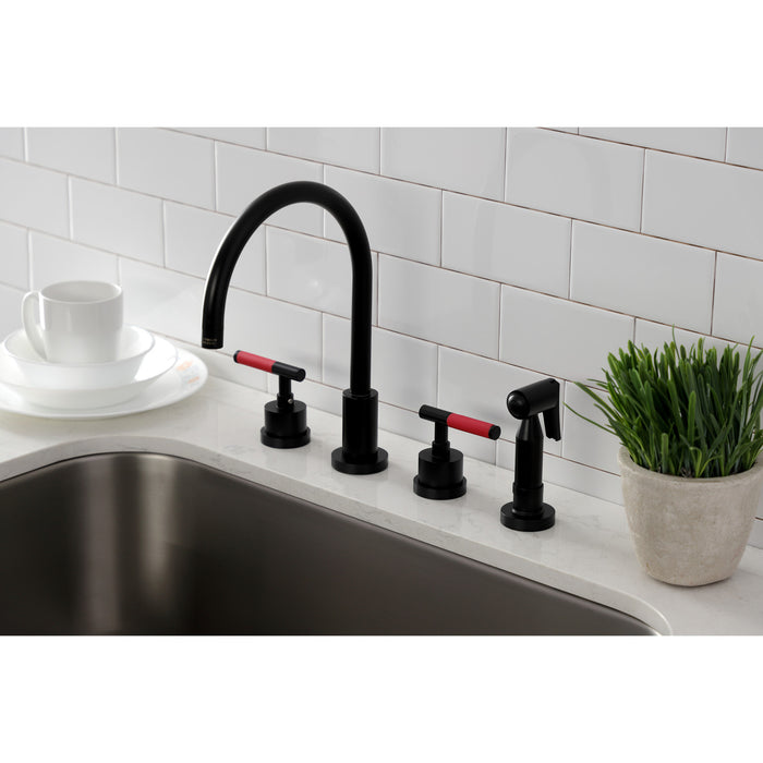 Kingston Sona KS8720CKLBS - Kaiser Double-Handle 4-Hole Widespread Kitchen Faucet with Brass Sprayer, Matte Black