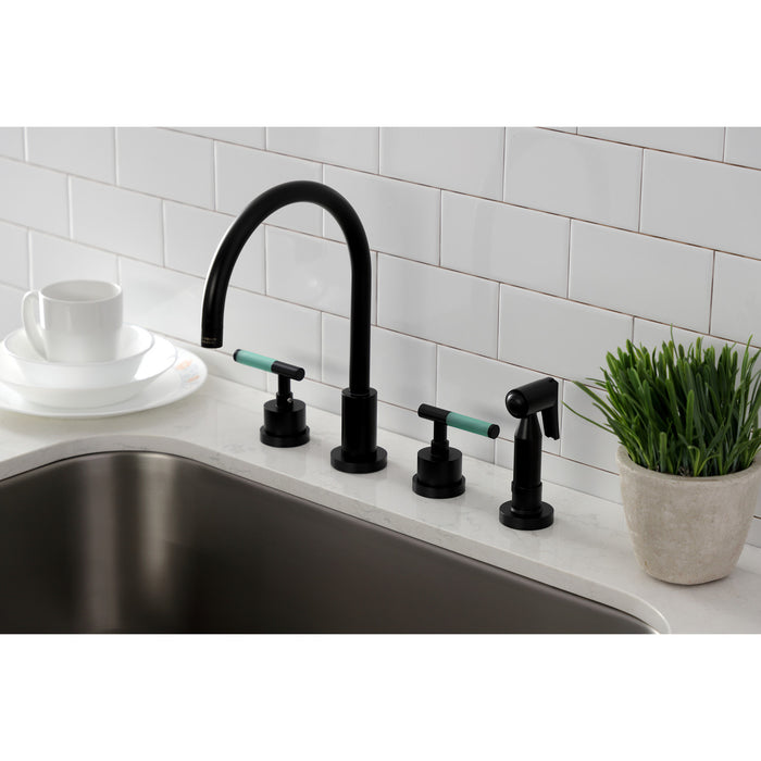 Kingston Sona KS8720CKLBS - Kaiser Double-Handle 4-Hole Widespread Kitchen Faucet with Brass Sprayer, Matte Black