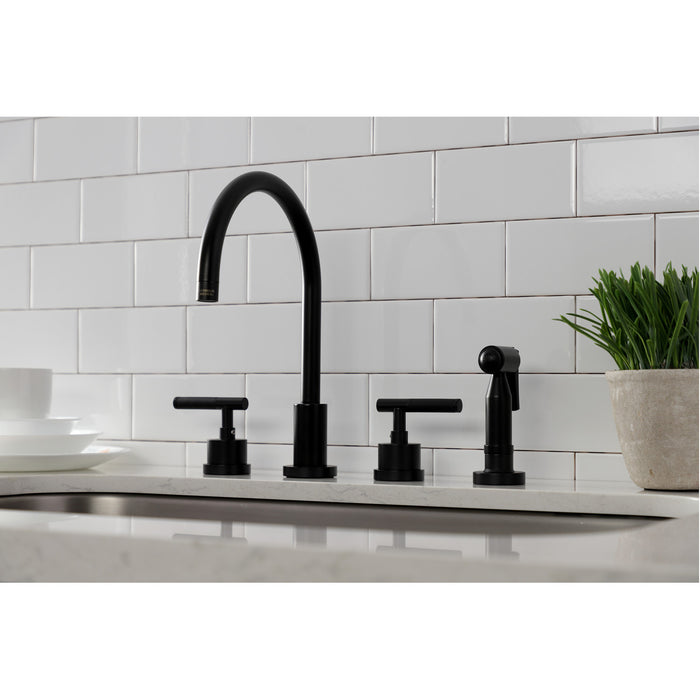 Kingston Sona KS8720CKLBS - Kaiser Double-Handle 4-Hole Widespread Kitchen Faucet with Brass Sprayer, Matte Black