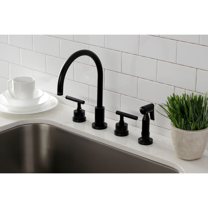 Kingston Sona KS8720CKLBS - Kaiser Double-Handle 4-Hole Widespread Kitchen Faucet with Brass Sprayer, Matte Black