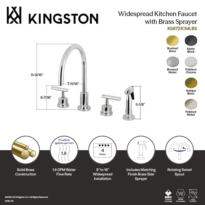 Manhattan KS8720CMLBS Double-Handle 4-Hole Widespread Kitchen Faucet with Brass Sprayer, Matte Black