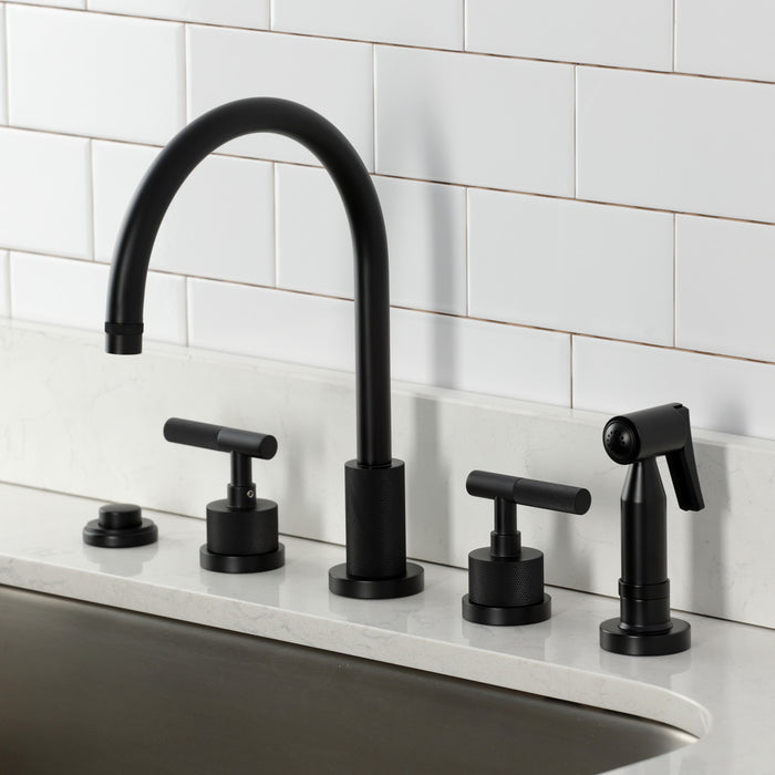Kingston Sona KS8720KNLBS - Convergent Double-Handle 4-Hole Widespread Kitchen Faucet with Knurled Handle 4-Hole and Brass Sprayer, Matte Black