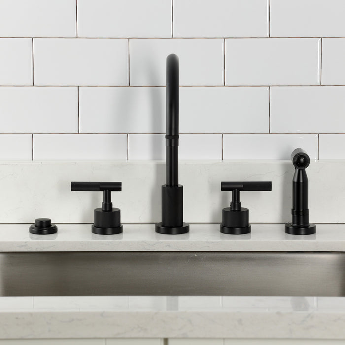 Kingston Sona KS8720KNLBS - Convergent Double-Handle 4-Hole Widespread Kitchen Faucet with Knurled Handle 4-Hole and Brass Sprayer, Matte Black