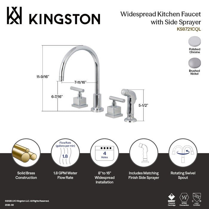 Kingston Sona KS8721CQL - Claremont Double-Handle 4-Hole Widespread Kitchen Faucet with Plastic Sprayer, Polished Chrome