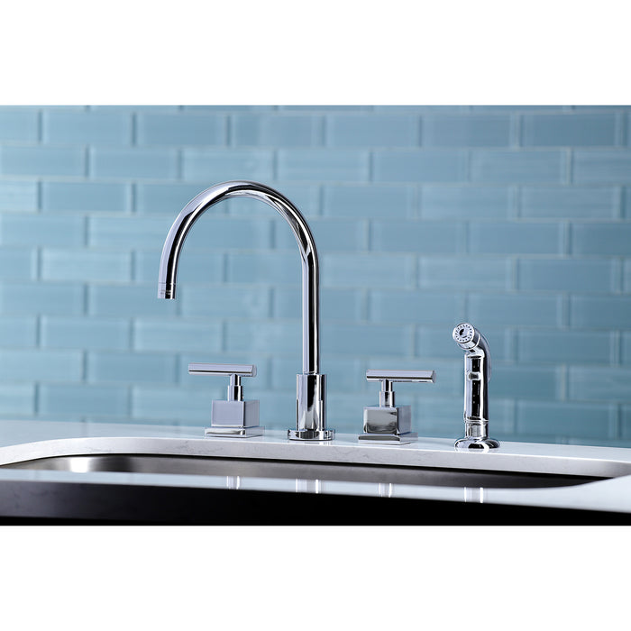 Kingston Sona KS8721CQL - Claremont Double-Handle 4-Hole Widespread Kitchen Faucet with Plastic Sprayer, Polished Chrome