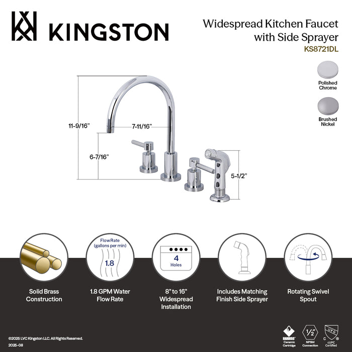 Kingston Sona KS8721DL - Concord Double-Handle 4-Hole Widespread Kitchen Faucet with Plastic Sprayer, Polished Chrome